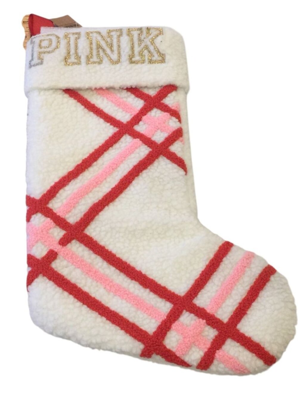 PINK Victoria's Secret Plush Holiday Lined 15" Stocking Cream Pink Striped